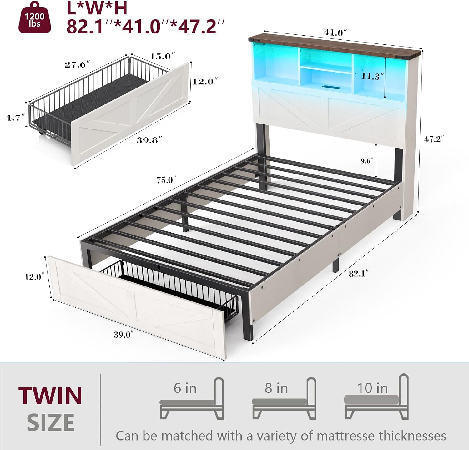 ROCHECASA Twin Bed Frame with Bookshelf, Bookcase High Headboard with Charging Station and LED Light, Farmhouse Bed with Storage Drawers, No Box Spring Needed, Noise Free, Easy Assembly, Antique White
