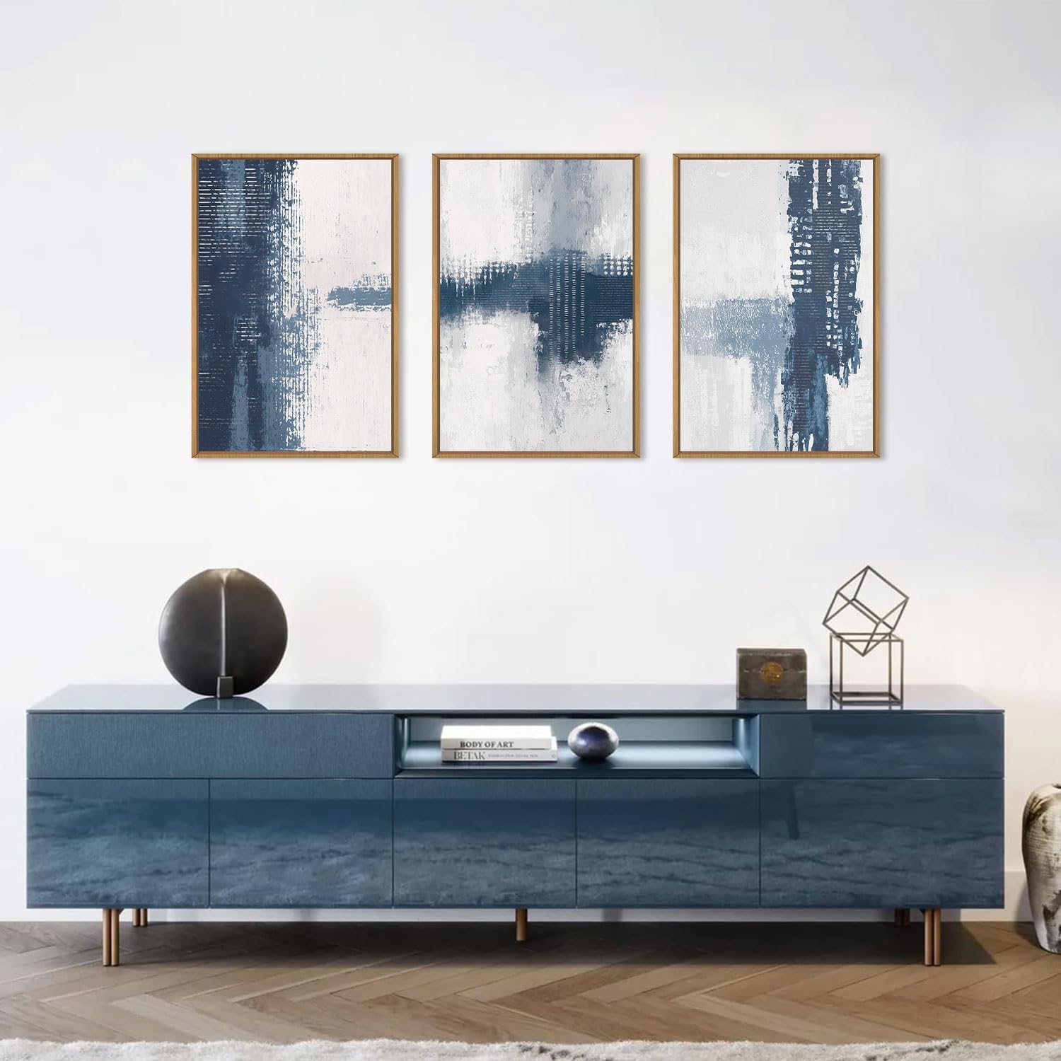 Celestdeco Large Abstract Navy Blue Grey Framed Canvas Wall Art Set,Modern Minimalist Wall Decor,Neutral Brush Stroke Artwork for Living Room,Bedroom,Dining Room,Office-24 x36 x3