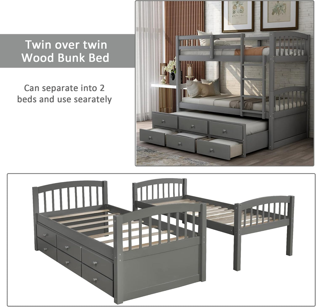 Harper&Bright Designs Twin Over Twin Bunk Bed with Twin Trundle Bed, 3 Storage Drawers, Safety Rail, and Ladder for Bedroom, Guest Room Furniture, Grey