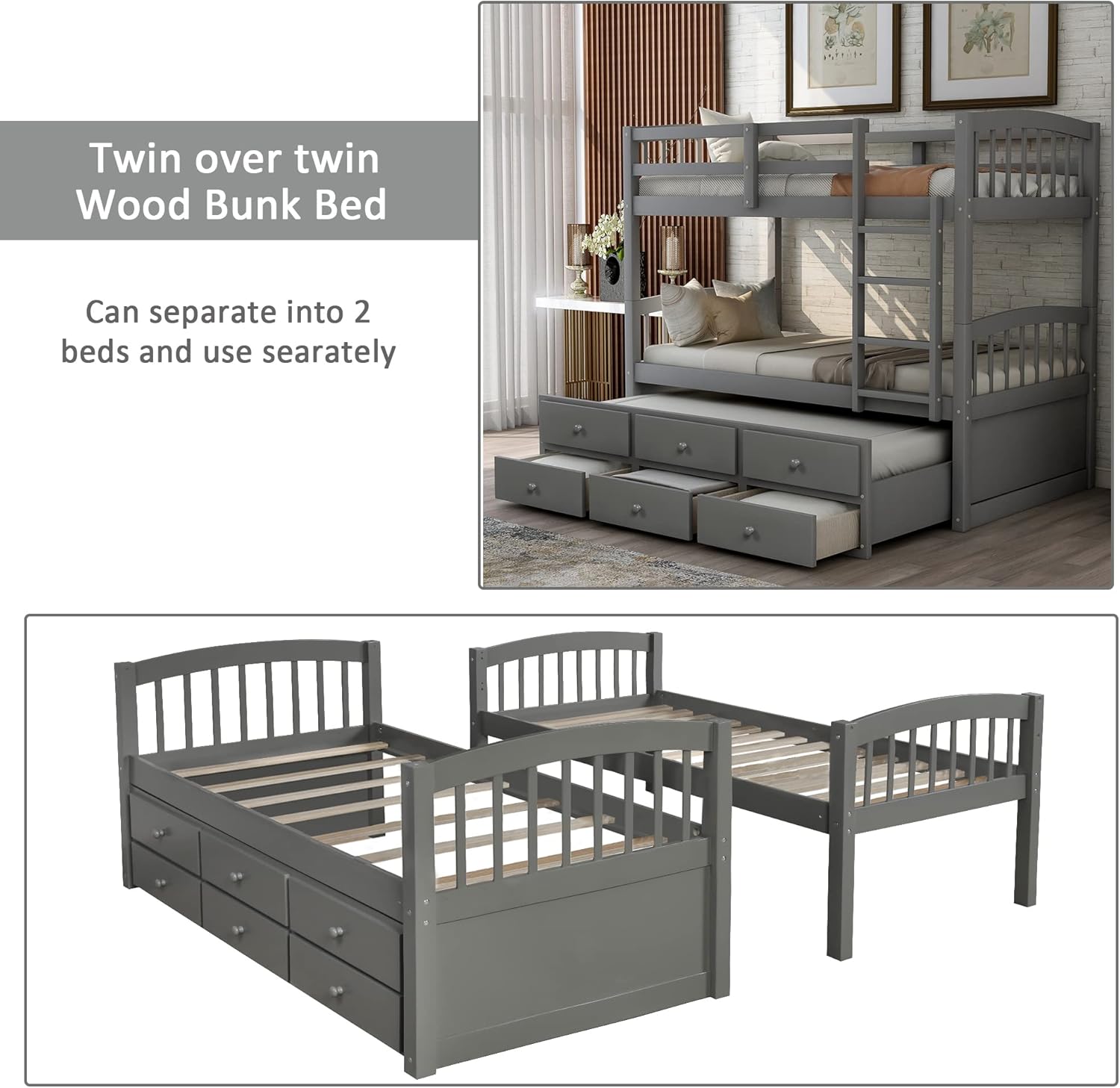 Harper&Bright Designs Twin Over Twin Bunk Bed with Twin Trundle Bed, 3 Storage Drawers, Safety Rail, and Ladder for Bedroom, Guest Room Furniture, Grey