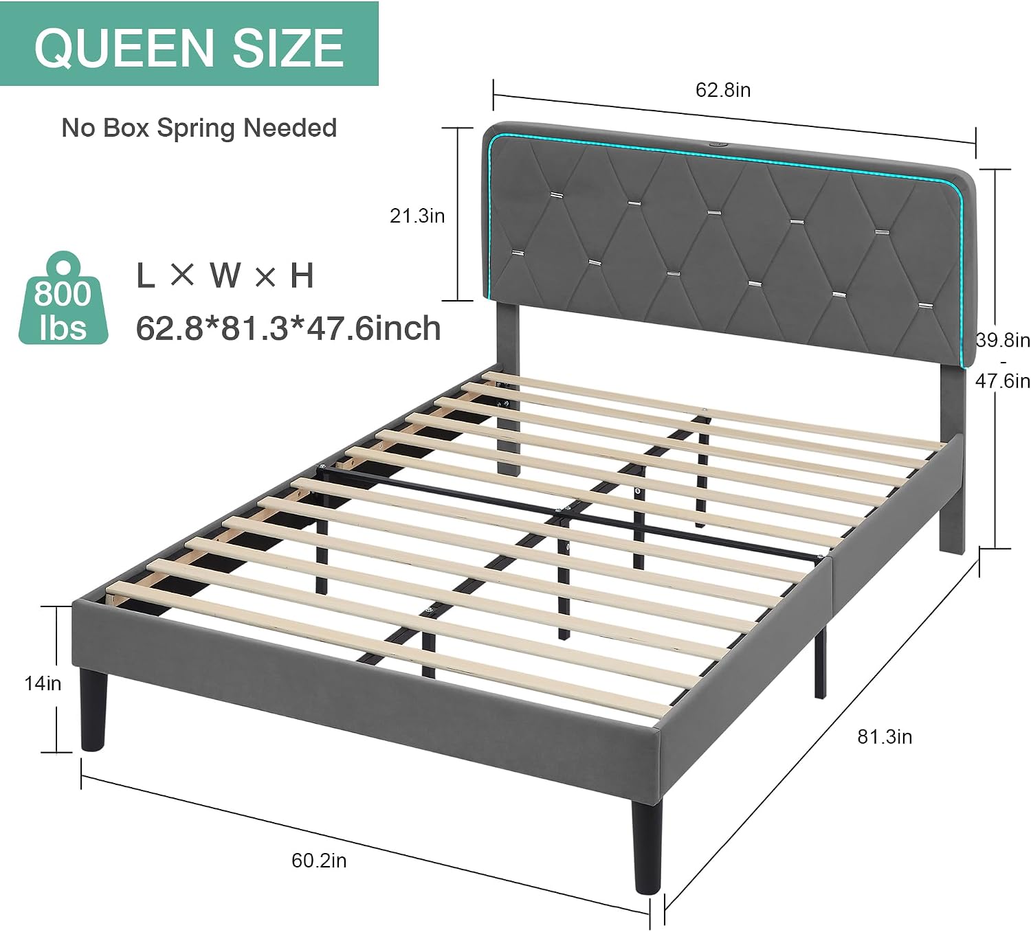 VECELO Upholstered Queen Bed Frame with Headboard Adjustable, Velvet Platform Bed with LED Lights, Charging Station, Mattress Foundation with Wooden Slats, Noise Free, No Box Spring Needed, Dark Grey