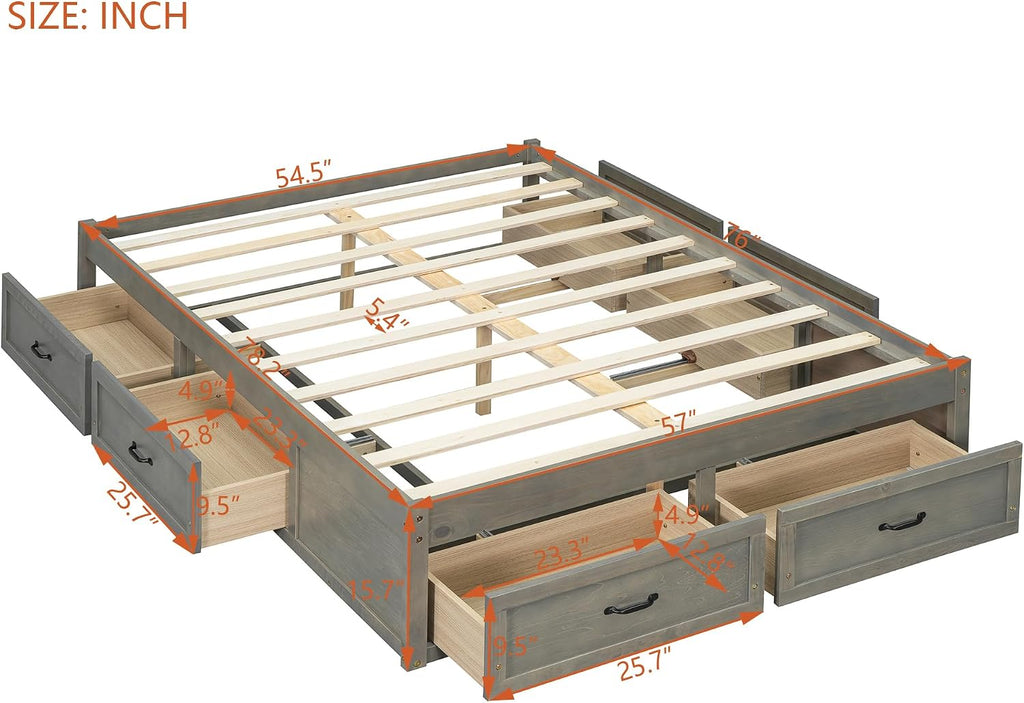 SOFTSEA Full Size Bed Frame with 6 Storage Drawers, Wood Platform Bed Frame No Headboard with Support Slats, Farmhosue Platform Bed with Drawers, No Box Spring Needed, Easy Assembly, Antique Gray
