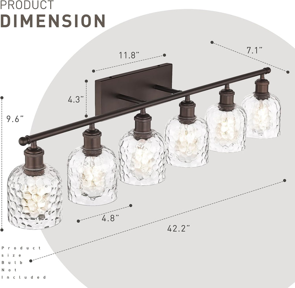 zeyu 6-Light Modern Vanity Light, 42'' Bathroom Lighting Fixtures Over Mirror, Oil Rubbed Bronze Finish with Clear Hammered Glass, ZJF63B-6W ORB