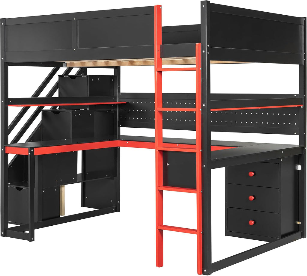 Ball & Cast Gaming Full Size Loft Bed with Storage Stairs,Wood Gamer Loft Bed Frame W/Desk,Shelves and Pegboard,High Loft Bed W/Full-Length Guardrail,Bedroom Furniture for Student Dorms,Black+Red