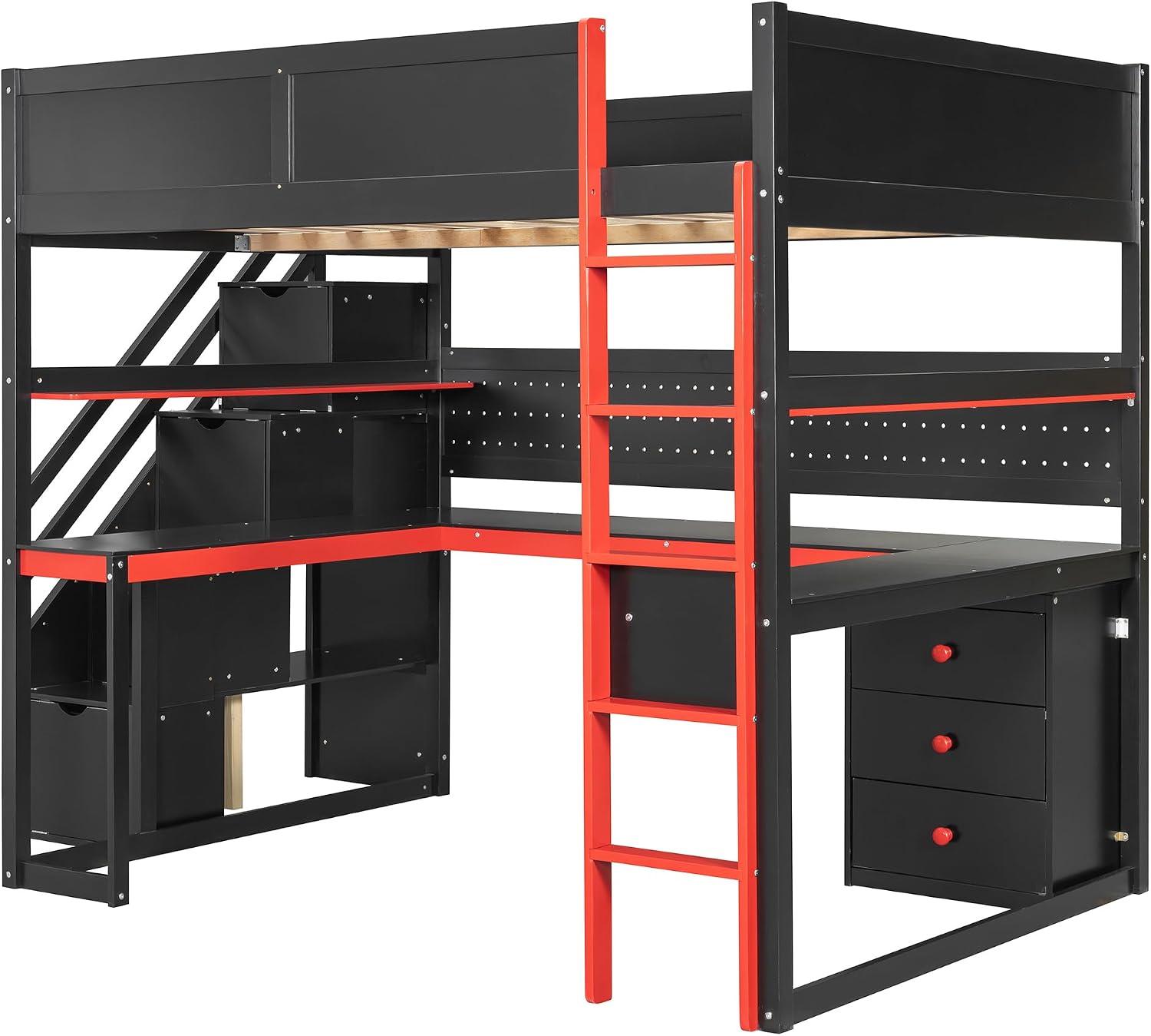 Ball & Cast Gaming Full Size Loft Bed with Storage Stairs,Wood Gamer Loft Bed Frame W/Desk,Shelves and Pegboard,High Loft Bed W/Full-Length Guardrail,Bedroom Furniture for Student Dorms,Black+Red