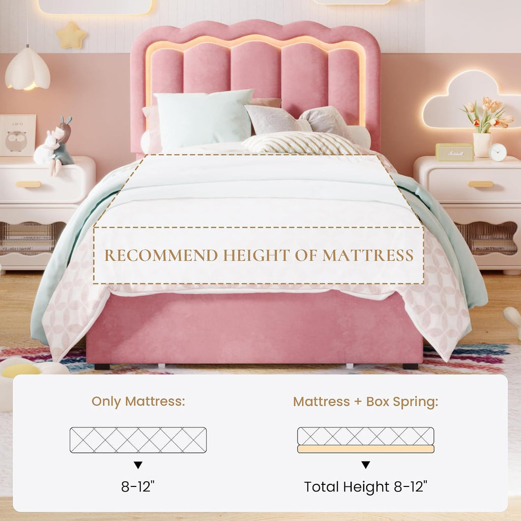 SHA CERLIN Upholstered Twin Size Bed Frame with LED Lights and Large Storage Drawer, Velvet Platform Bed with Adjustable Wavy Headboard, Noise Free, Easy Assembly, No Box Spring Needed, Soft Pink
