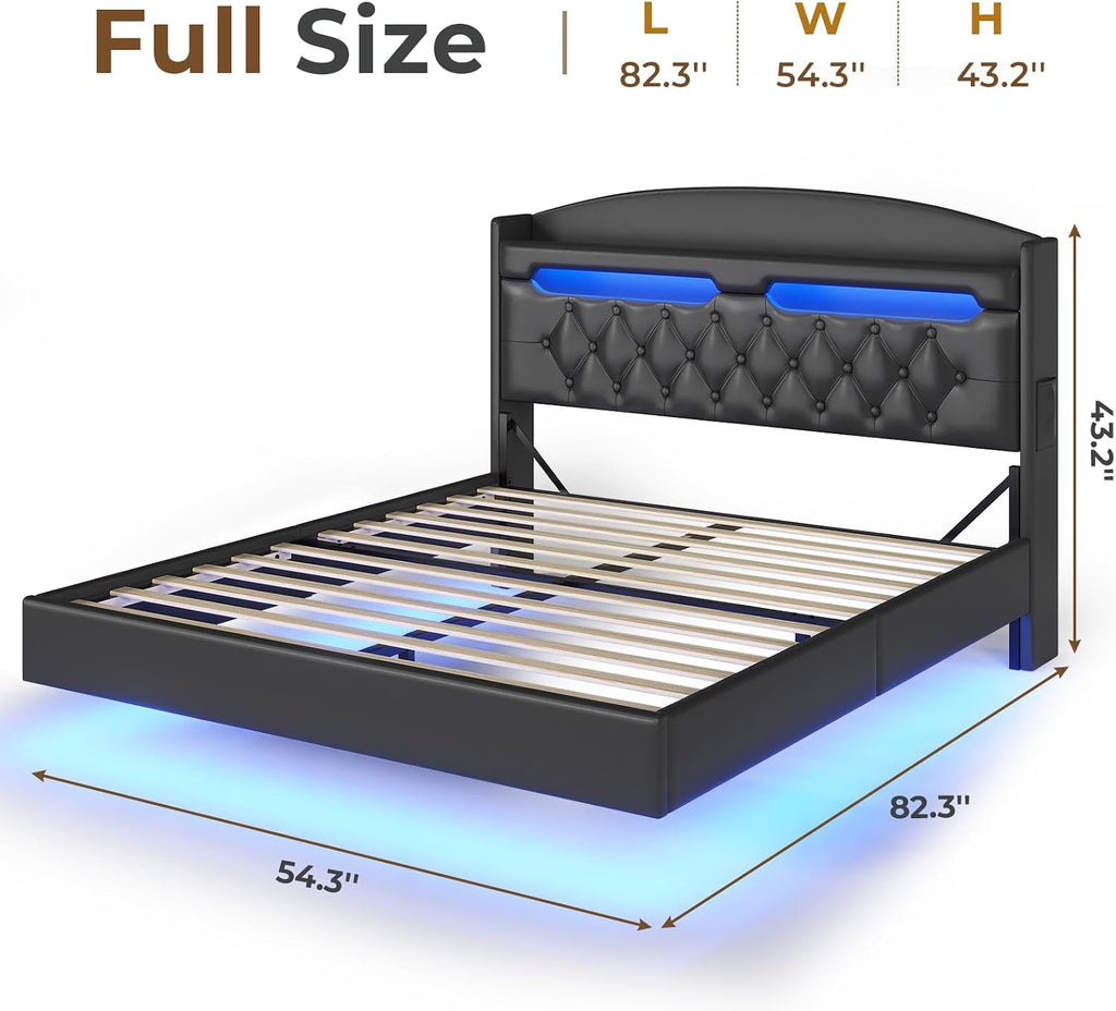 ADORNEVE Floating Bed Frame Full with Hidden Storage Headboard, Floating LED Bed Frame with Charging Station, Upholstered Leather Platform Bed with Storage, No Box Spring Needed, Black