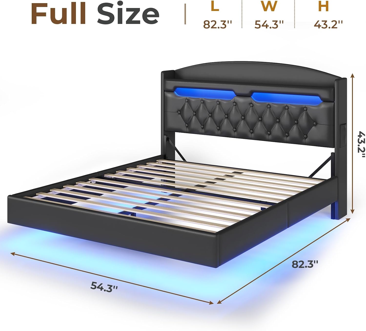ADORNEVE Floating Bed Frame Full with Hidden Storage Headboard, Floating LED Bed Frame with Charging Station, Upholstered Leather Platform Bed with Storage, No Box Spring Needed, Black