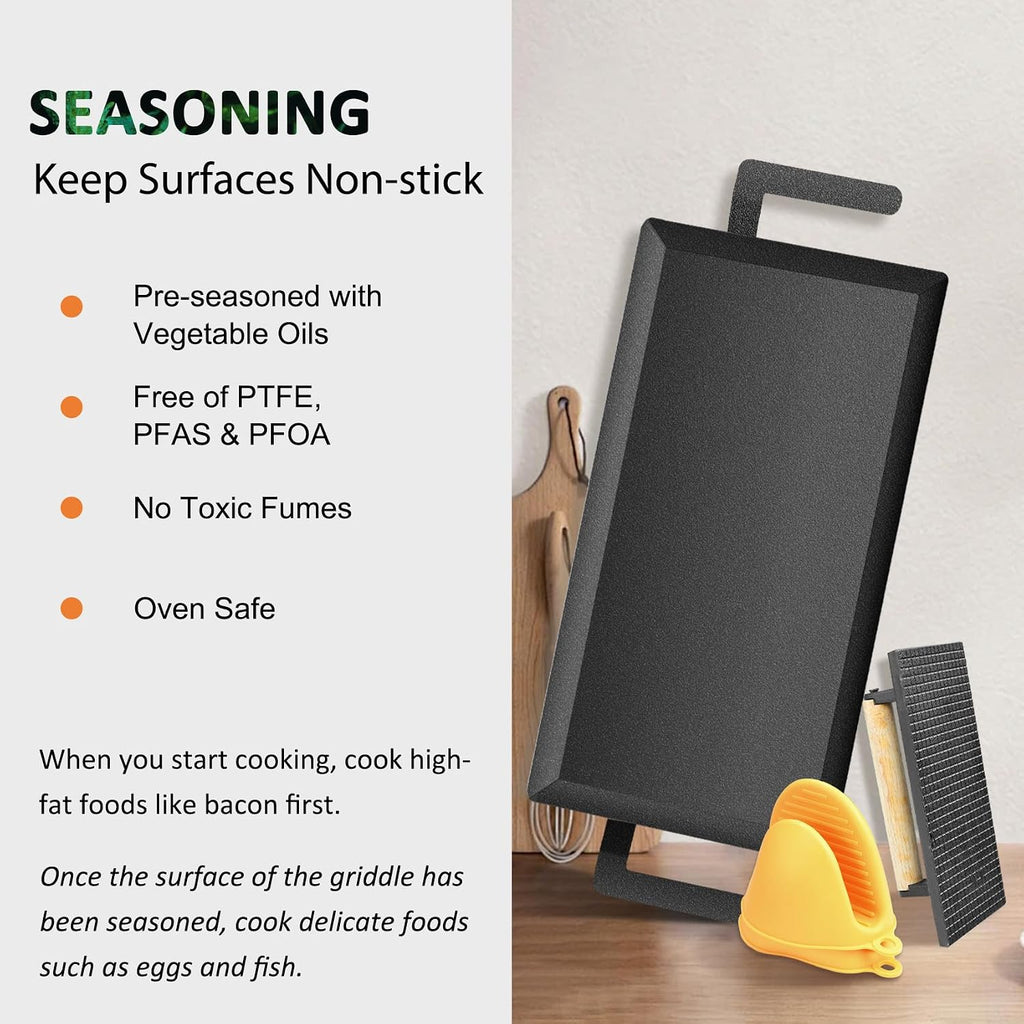 Universal Large Carbon Steel Griddle, 8.67' Square Griddle Lid, for Outdoor Gas Grill, Induction, Gas/Electric Stove, and Oven, Up to 1000℉, with Grill Press, Pre-seasoned Nitride Coating Process