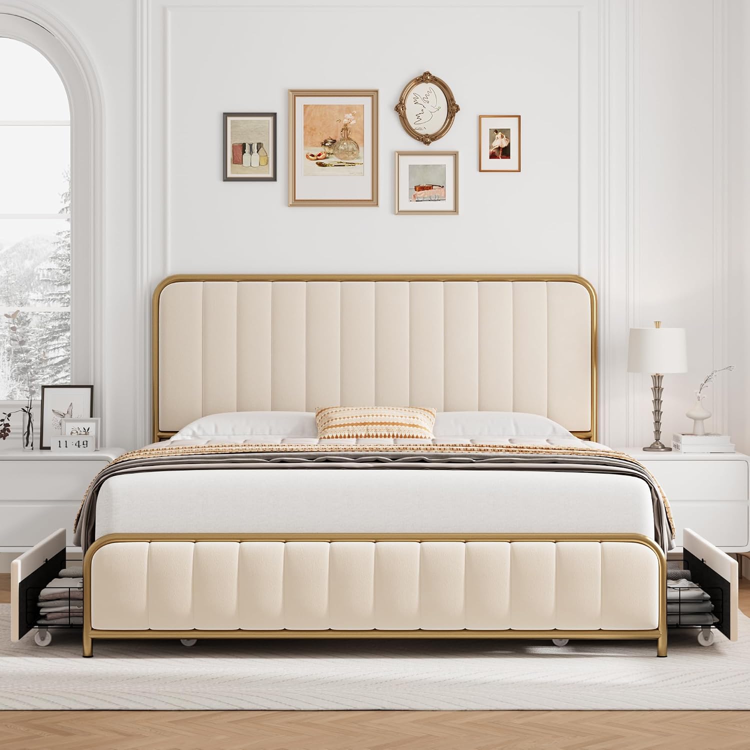 HITHOS Upholstered Full Size Bed Frame with 4 Storage Drawers and Headboard, Heavy Duty Metal Mattress Foundation with Wooden Slats, Easy Assembly, No Box Spring Needed (Golden/Off White, Full)