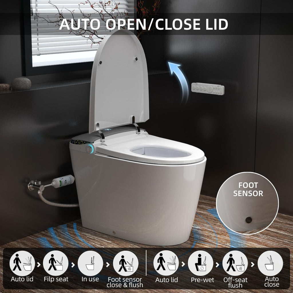 E6 Smart Toilet with Bidet, Built-In Tank for Low Water Pressure, Auto Open and Close Lid, Foot Sensor Flush, Instant Warm Water, Heated Seat, Warm Air Dryer, UV Nozzle Light, Remote Control