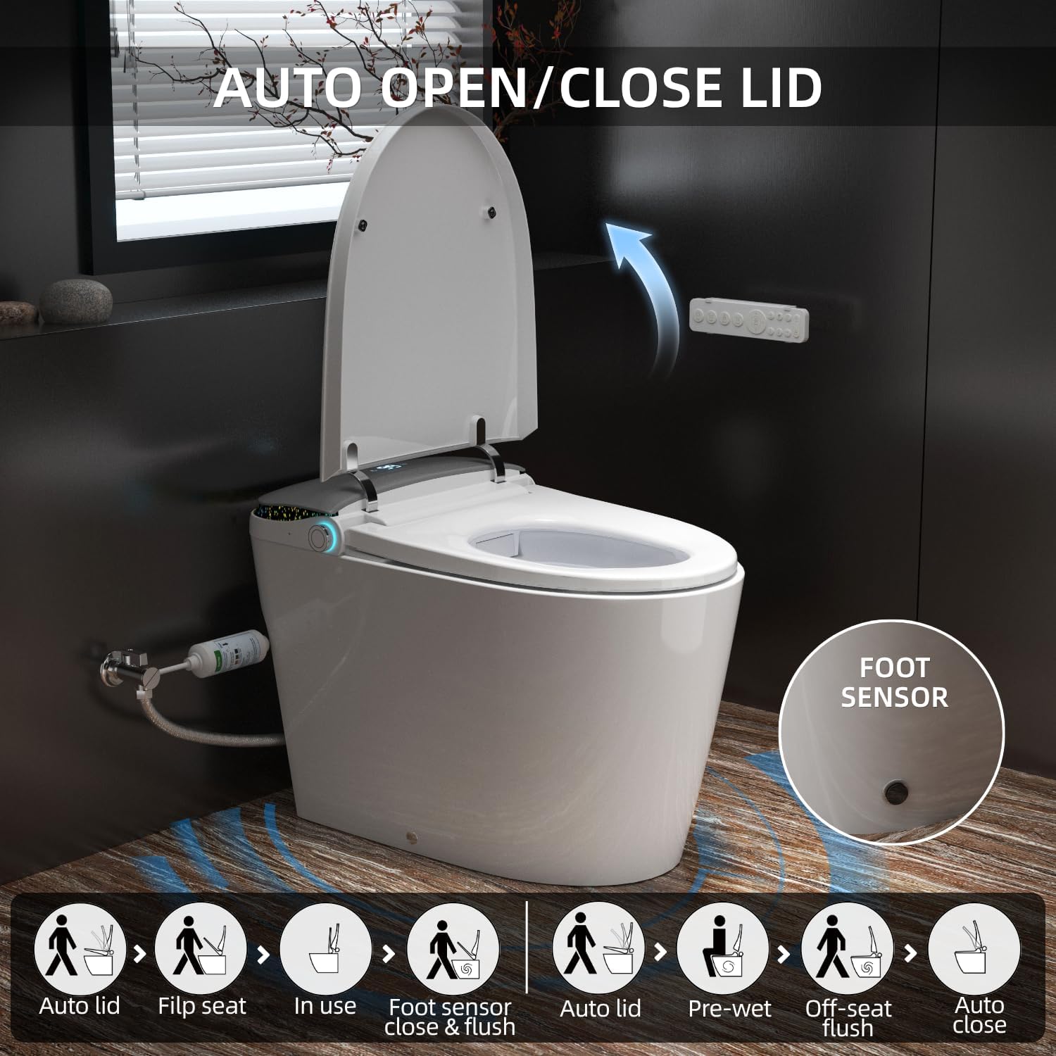 E6 Smart Toilet with Bidet, Built-In Tank for Low Water Pressure, Auto Open and Close Lid, Foot Sensor Flush, Instant Warm Water, Heated Seat, Warm Air Dryer, UV Nozzle Light, Remote Control