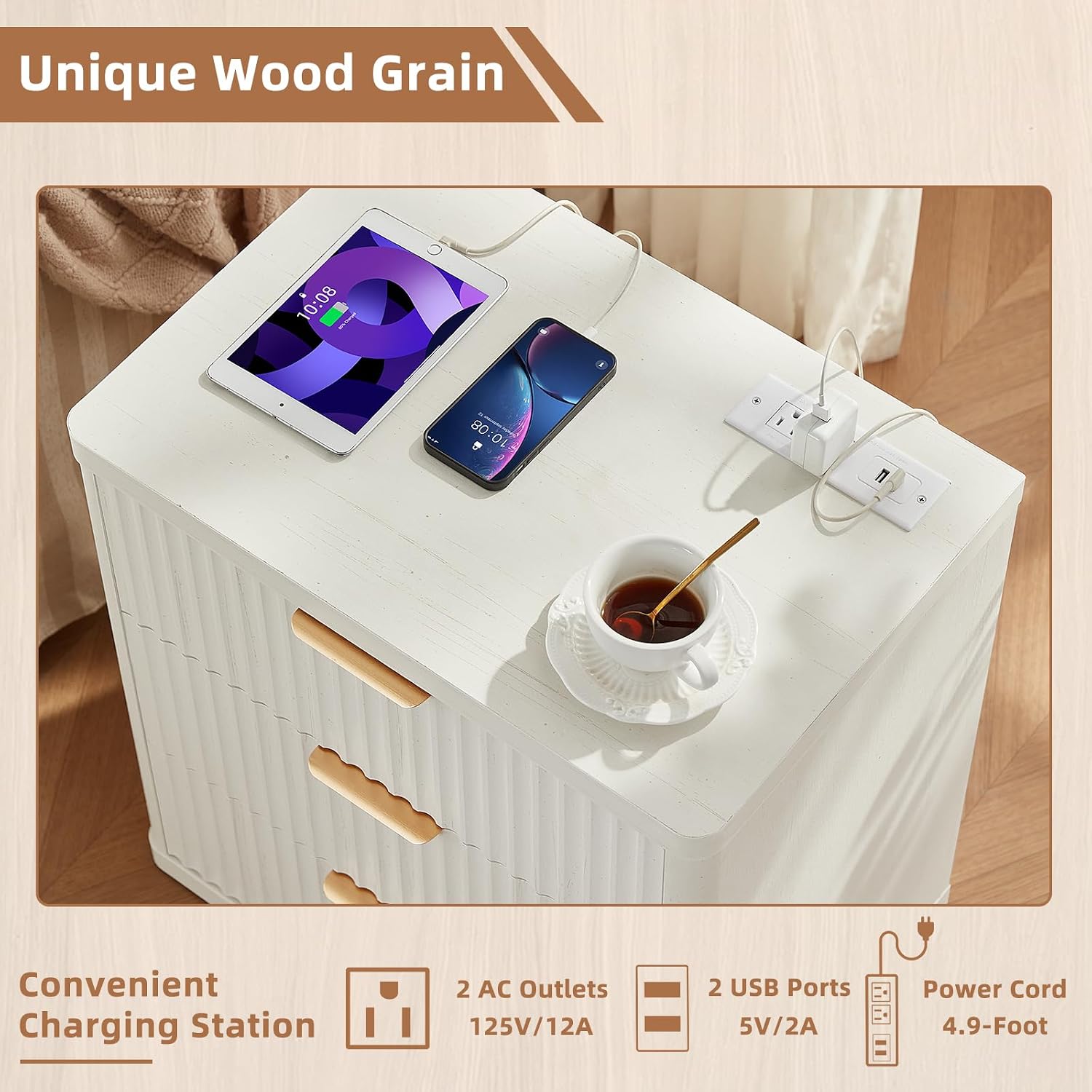 LEYAOYAO Fluted Dresser and 3 Drawers Nightstand Set of 2, Wood 48' Wide Dresser & 23' Night Stand with Charging Station, 3 Piece Bedroom Furniture Set, Chest of Drawers for Living Room,Antique White