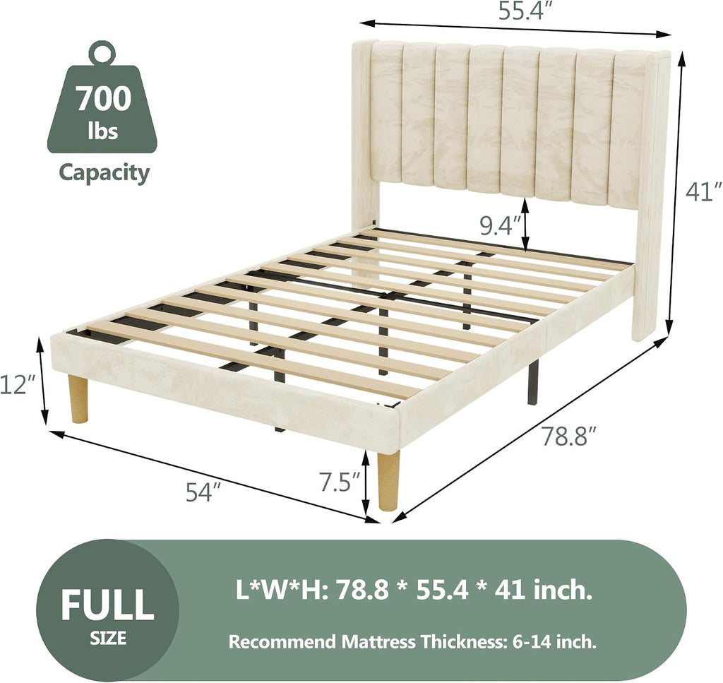 alazyhome Platform Bed Frame Full Size with Upholstered Headboard, Solid Wood Slats Support, No Box Spring Needed, Noise Free, Easy Assembly, Modern Velvet Bed, Beige