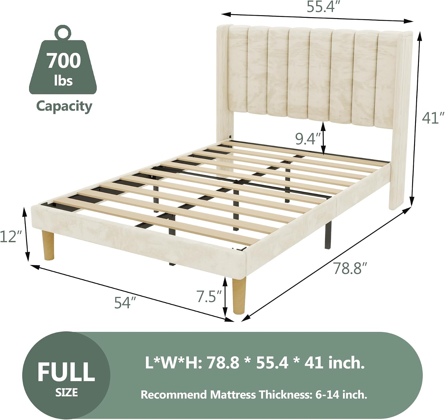 alazyhome Platform Bed Frame Full Size with Upholstered Headboard, Solid Wood Slats Support, No Box Spring Needed, Noise Free, Easy Assembly, Modern Velvet Bed, Beige