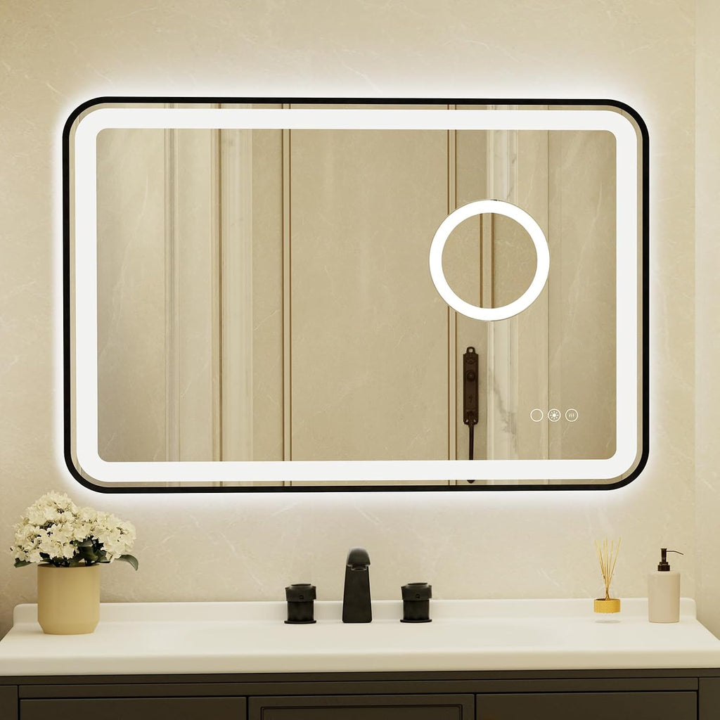 24x36 Inch Black Framed LED Bathroom Mirror with Lights,Magnifying Tempered Glass, Dimmable Lighted Bathroom Vanity Mirror with 3 Colors, Backlit + Frontlit,Anti-Fog
