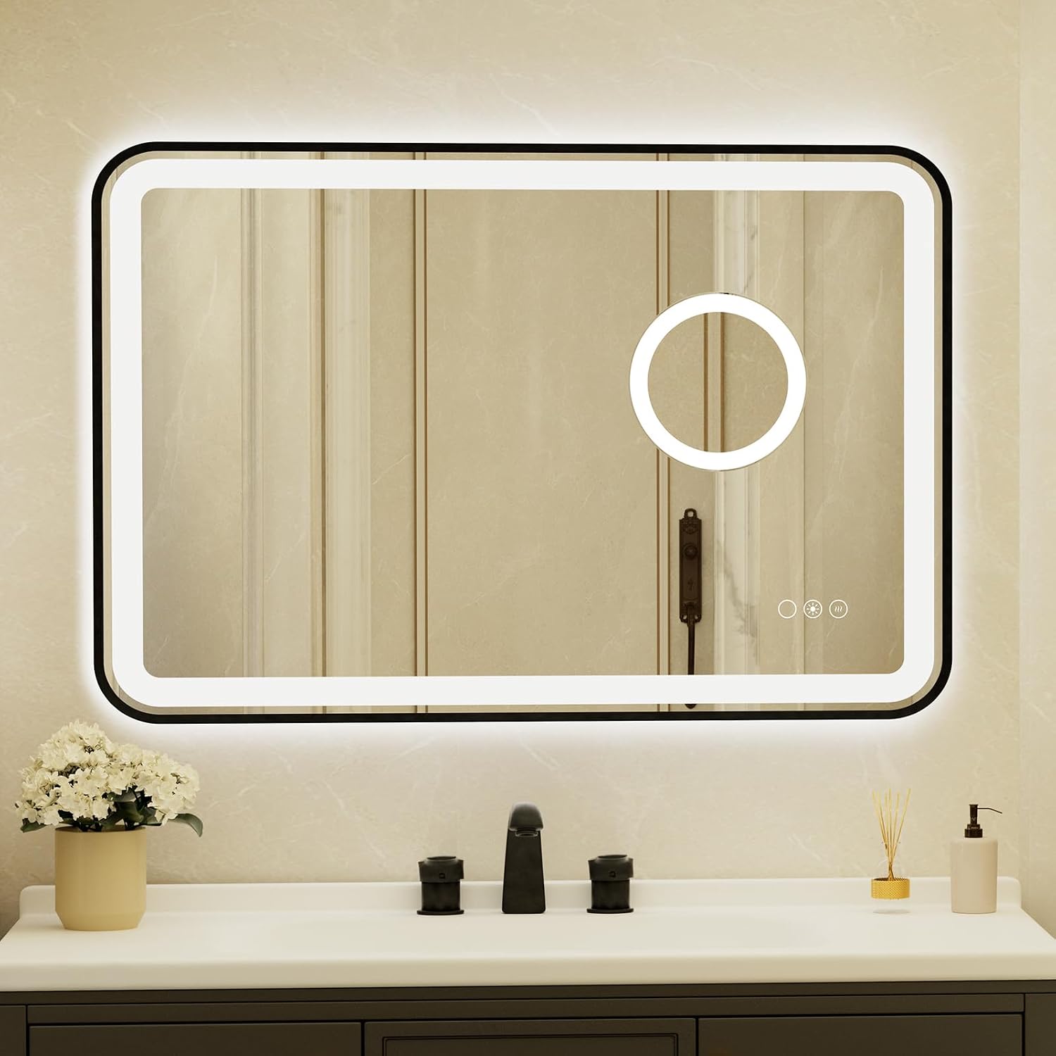 24x36 Inch Black Framed LED Bathroom Mirror with Lights,Magnifying Tempered Glass, Dimmable Lighted Bathroom Vanity Mirror with 3 Colors, Backlit + Frontlit,Anti-Fog