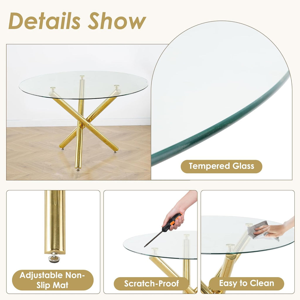 Modern Luxury Round Glass Dining Table Set, 5 PCS Minimalist Circle Dining Room Table Set for 4, 47'' Clear Circular Kitchen Table and Chairs Set of 4, Beige Woven Chair, for Home (Golden)
