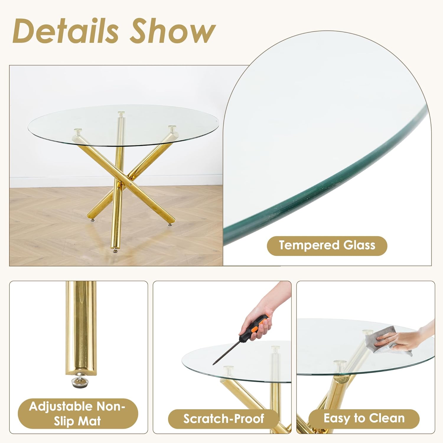 5 Piece Modern Gold Round Glass Dining Table Set, 47'' Clear Circle Glass Top Kitchen Set, 4 Person Luxury Minimalist Circular Dinner Set with Pink Woven Chairs, for Large Apartment Bedroom