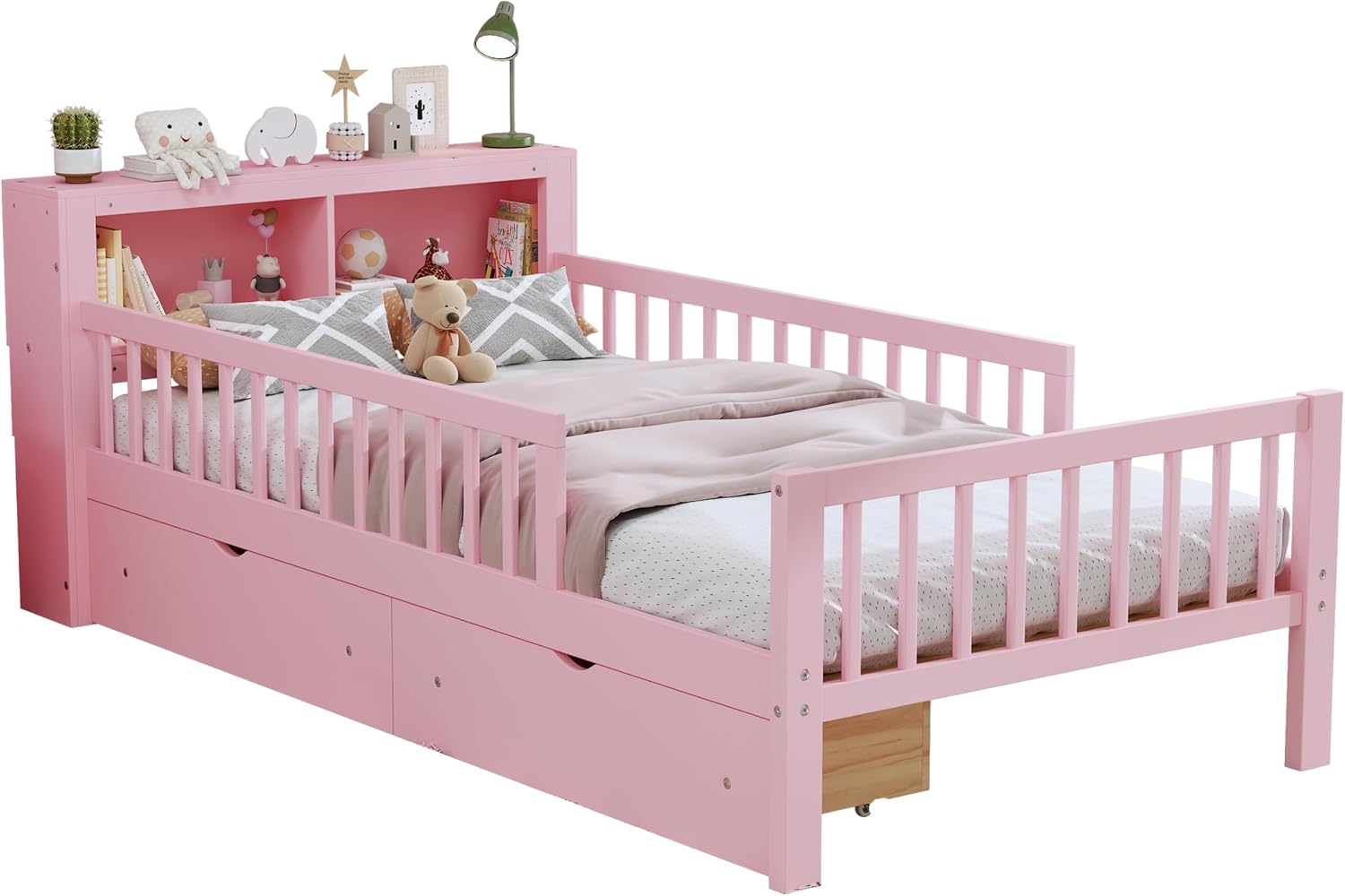 VilroCaz Wood Twin Size Platform Bed with Safety Fence for Kids Boys Girls, Platform Bed Frame with Practical Headboard and 2 Under-Bed Drawers, Sturdy Slats Support (Pink-3.15)