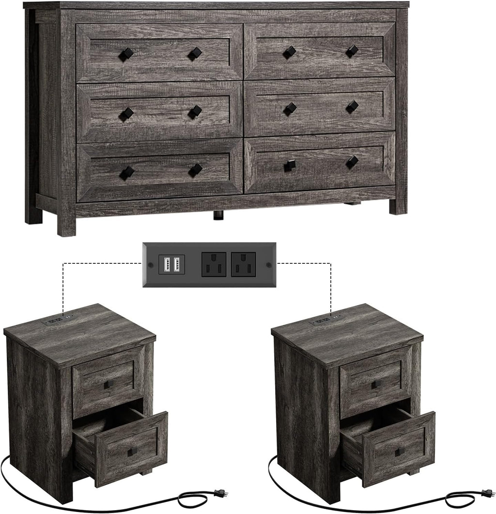 LUXOAK Bedroom Dresser and Nightstand 3 Piece Set, 1 X Wood Rustic 6 Drawer Storage Dresser, Nightstand Set of 2 with Charging Station, Farmhouse Bedroom Furniture Set, Rustic Grey