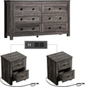 LUXOAK Bedroom Dresser and Nightstand 3 Piece Set, 1 X Wood Rustic 6 Drawer Storage Dresser, Nightstand Set of 2 with Charging Station, Farmhouse Bedroom Furniture Set, Rustic Grey