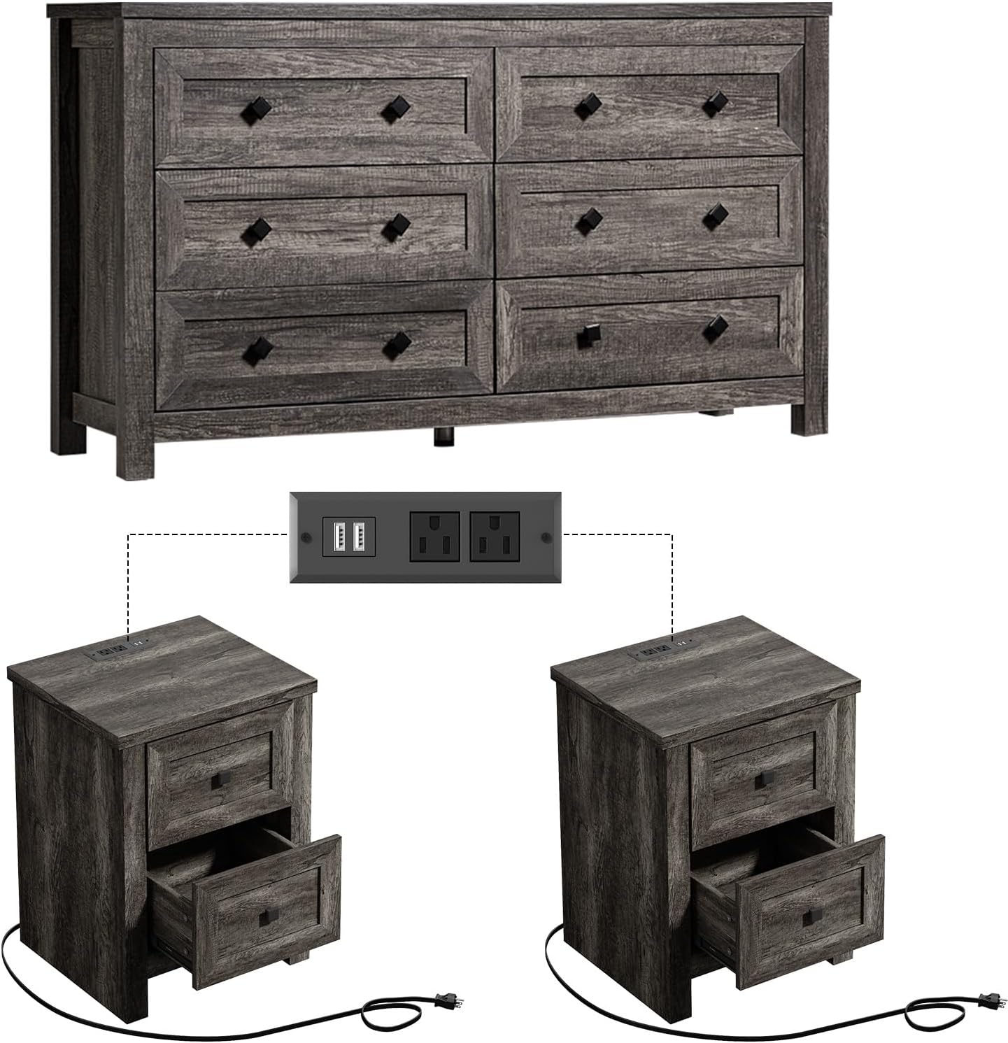 LUXOAK Bedroom Dresser and Nightstand 3 Piece Set, 1 X Wood Rustic 6 Drawer Storage Dresser, Nightstand Set of 2 with Charging Station, Farmhouse Bedroom Furniture Set, Rustic Grey