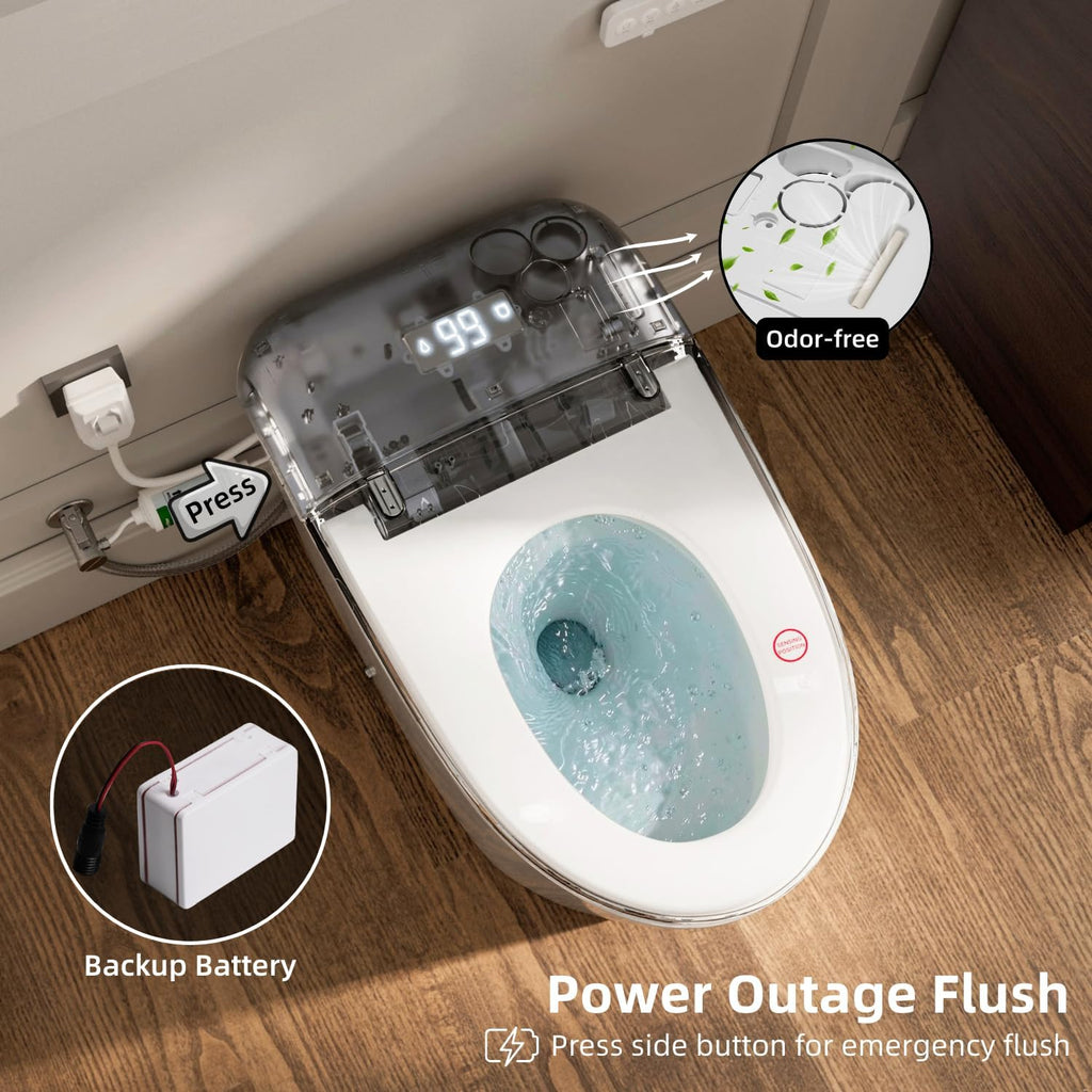 E5D Smart Toilet with Bidet, Built-In Water Tank, Battery Backup Flush, Foot Kick Flush, Instant Warm Water, Heated Seat, Warm Air Dryer, Night Light, Side Panel Control & Remote, ETL Plug