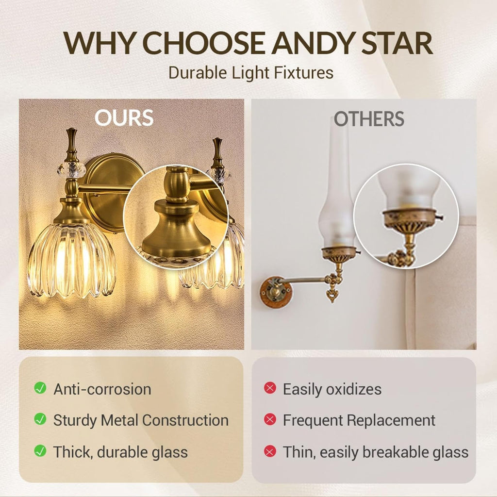 ANDY STAR Transitional 2-Light Bathroom Vanity Light, Brushed Gold Wall Sconce, Tulip Ribbed Glass with Crystal Accent, Reversible Mounting