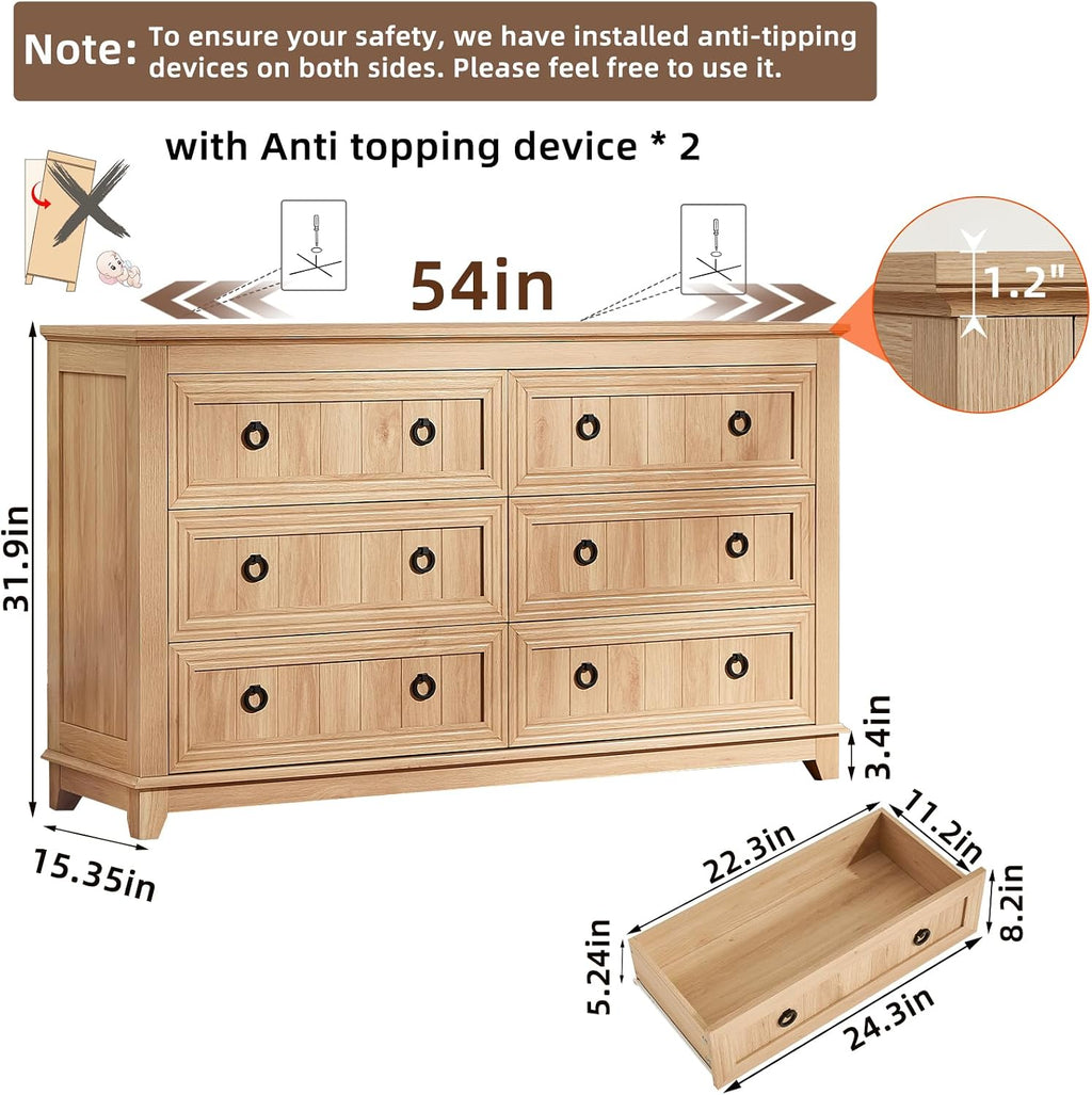 Joaxswe 6 Drawers Dresser for Bedroom, Farmhouse 54 Inch Wide Wood Dresser Chest of Drawers, Vintage Design TV Stand, Rustic Storage Dressers Organizer for Bedroom, Living Room, Hallway - Natural Wood