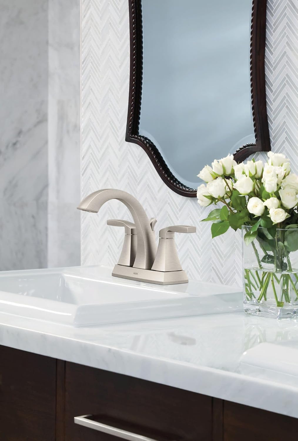 Moen Voss Brushed Nickel Two-Handle High-Arc Centerset Bathroom Faucet with Drain Assembly, 6901BN