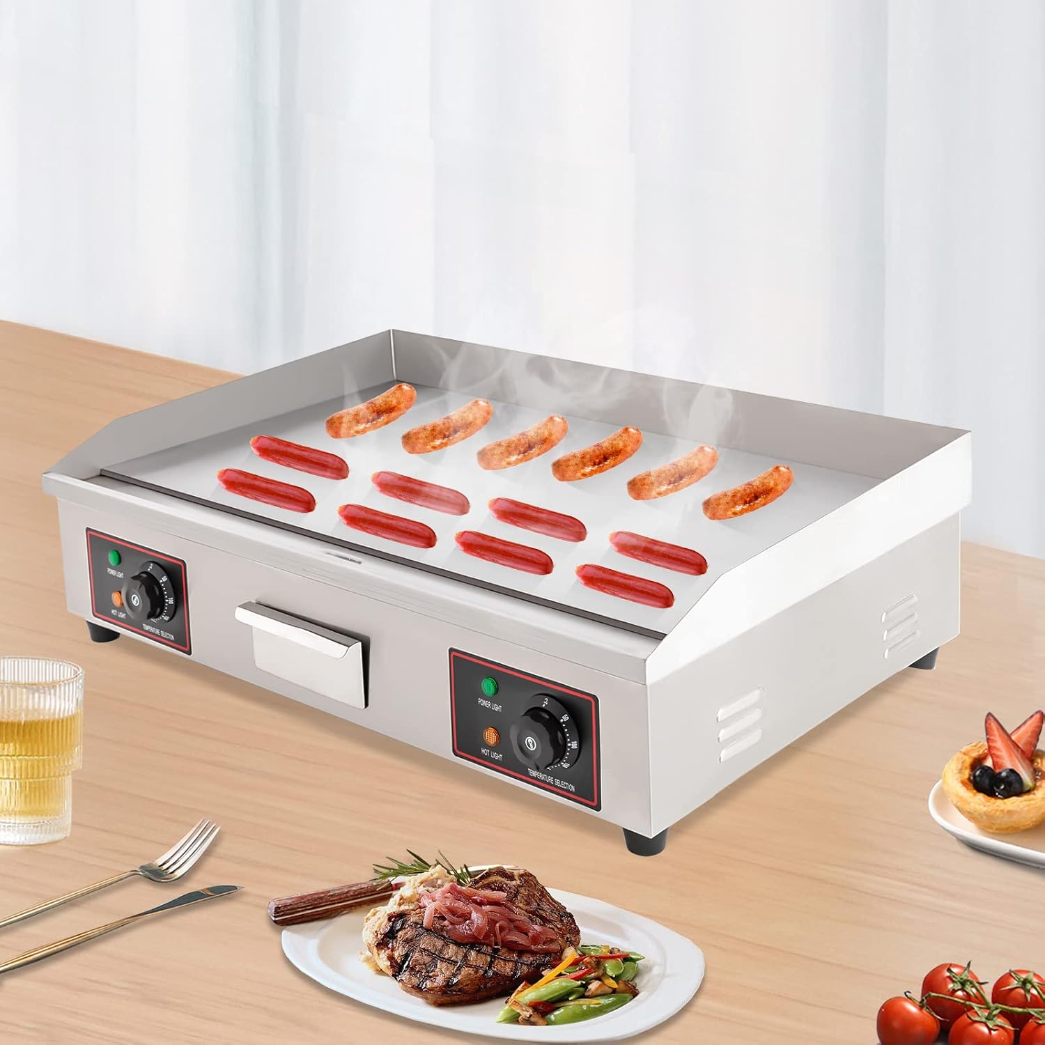3000W Food Grade Stainless Steel Electric Griddle, Flat Top Grill with Adjustable Temperature Control 122°F-572°F, Commercial Electric Griddle for Home Restaurant