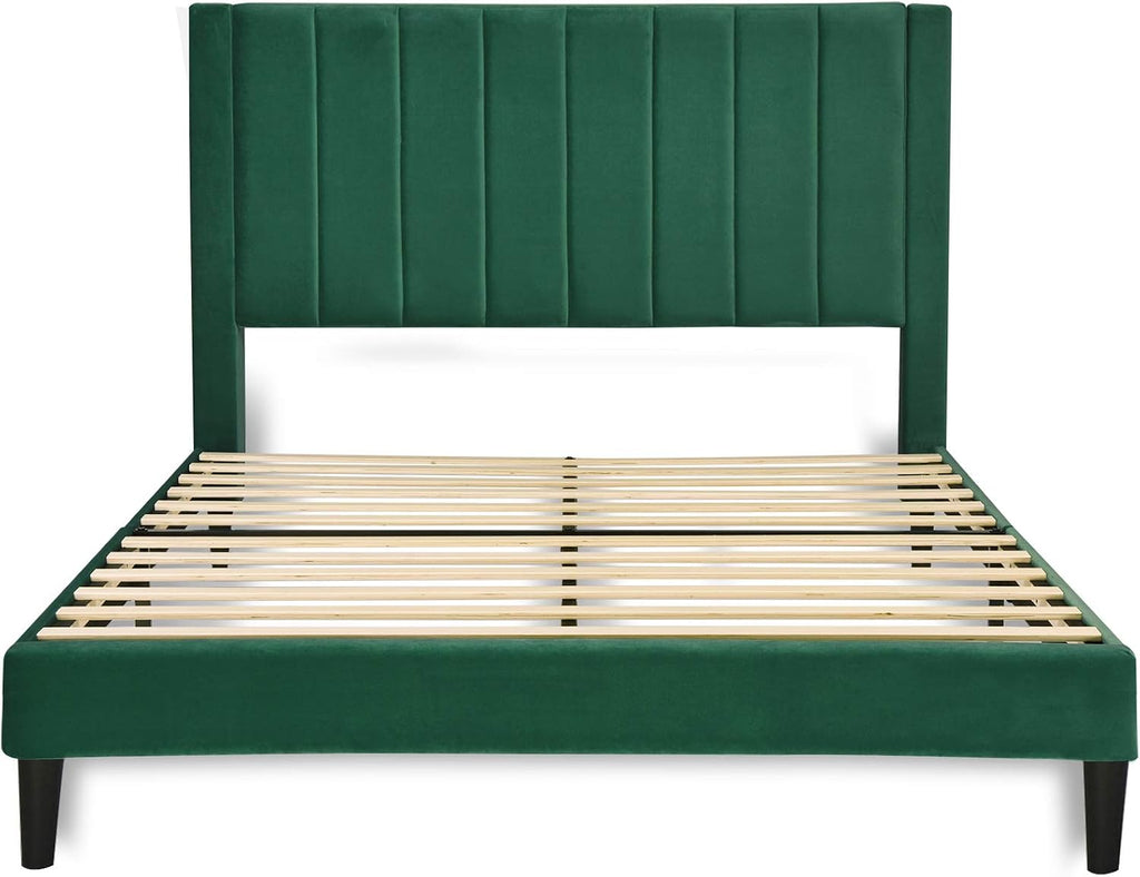 Allewie Full Bed Frame/Velvet Upholstered Bed Frame with Vertical Channel Tufted Headboard/Strong Wooden Slats/Platform Bed Frame/Mattress Foundation/Box Spring Optional/Easy Assembly/Green
