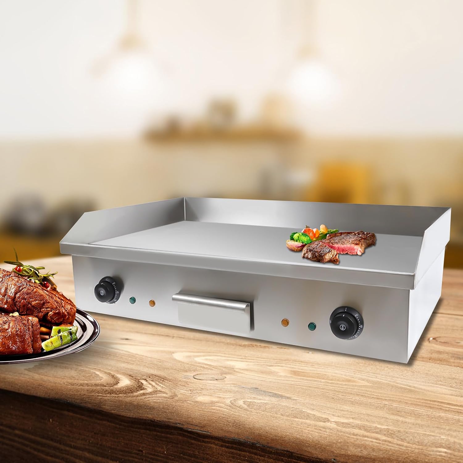 Stainless Steel Waffle Maker Commercial Electric Countertop Griddle 3KW Iron Cooking Plate Electric Griddle with Temperature Control 50-300℃ Immersible Flat Top Grill Pancake Griddle Large