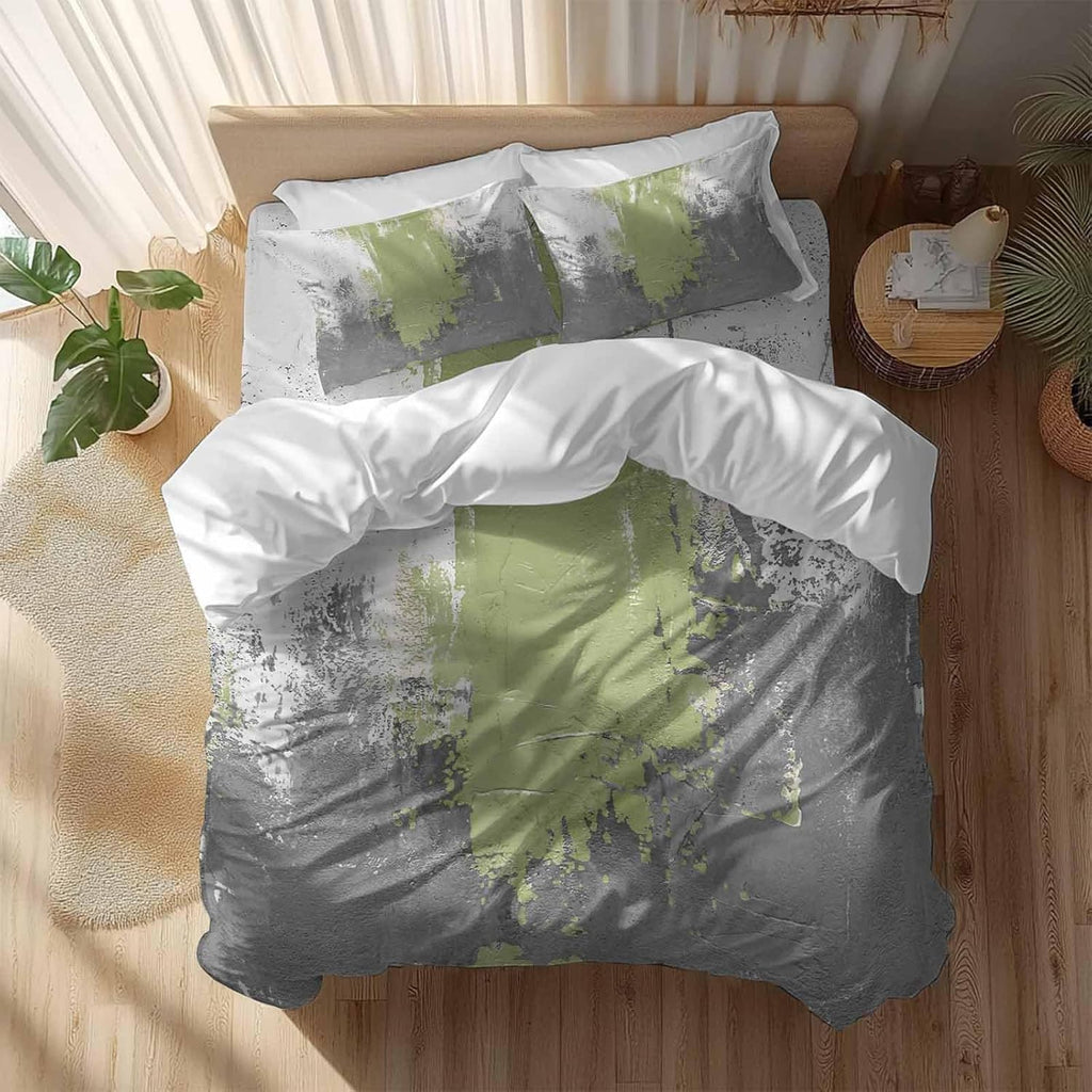 Abstract Art Duvet Cover Set Queen Size 4 Pieces Green Grey Wall Mottled Texture Minimalist Modern Bedding Set with Zipper Closure, 1 Comforter Cover 90x92 Inches 1 Flat Sheet & 2 Pillow Cases