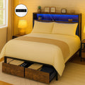 COMHOMA Queen Size Platform Bed Frame with LED Lights and Charging Station, Storage Headboard and Footboard Drawers, No Box Spring Needed, Rustic Wood Look