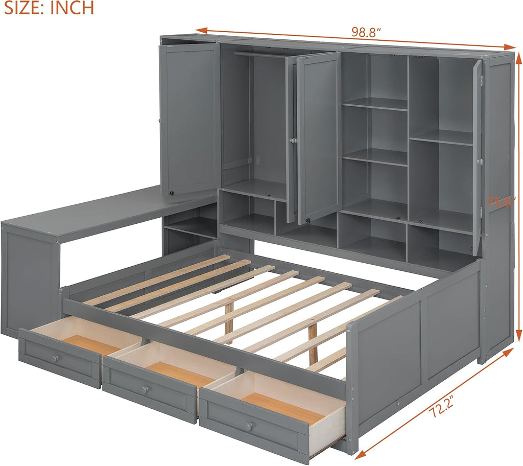 KLMM Full Size Wooden Daybed with Three Drawers and All-in-One Cabinet,Desk and Shelves,for Living Room Bedroom Use (Gray#Shelves, Full)