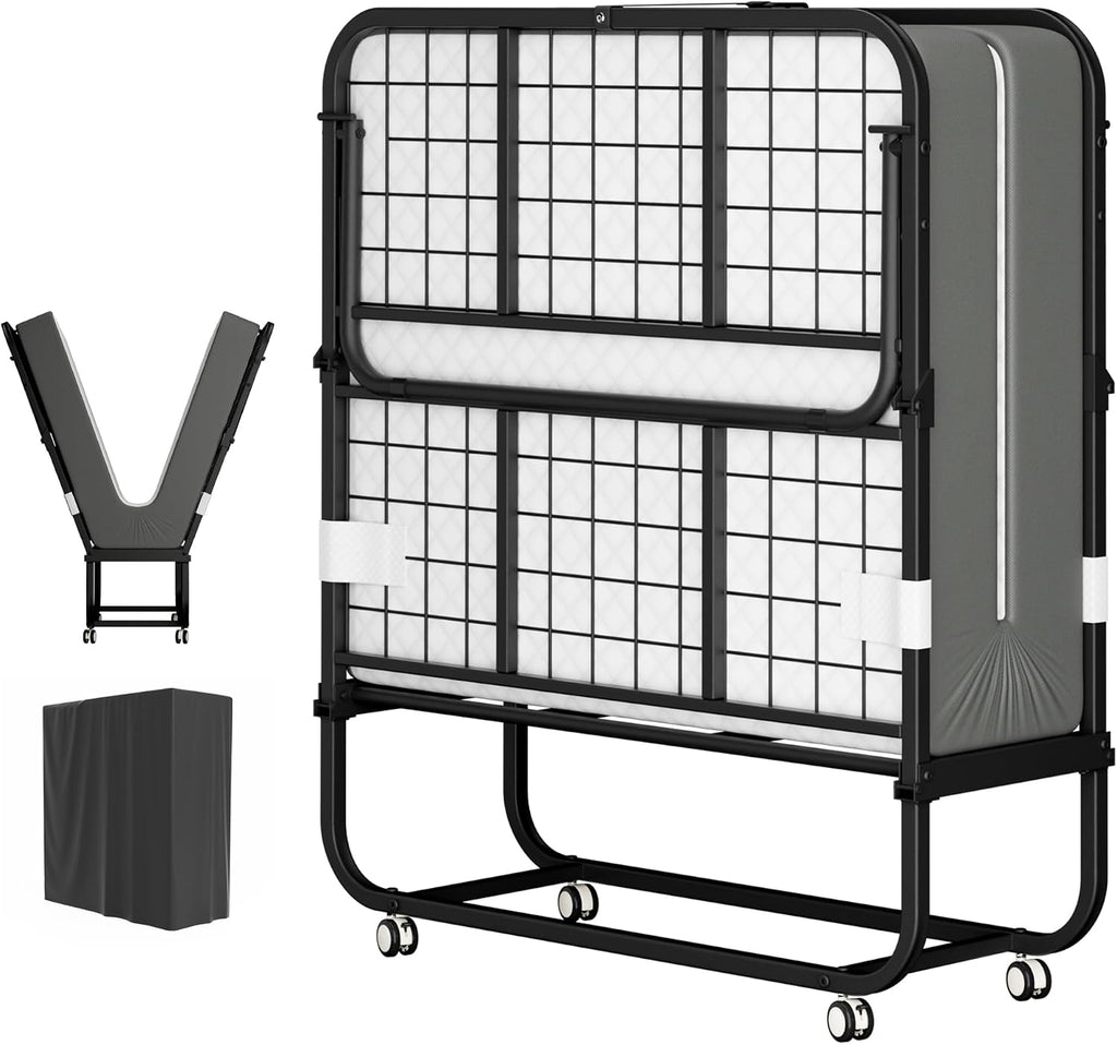 Greenvelly Folding Bed with 5 Inch Mattress, 75' x 31' Portable Rollaway Bed with Memory Mattress, Foldable Bed with Metal Frame for Adults,Guest,Space-Saving