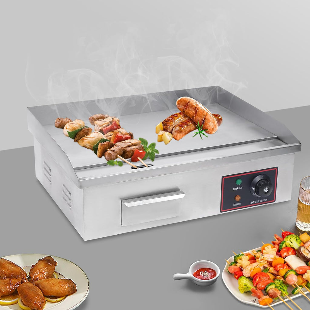 21''Commercial Electric Countertop Griddle,3000W Stainless Steel BBQ Flat Top Grill Frying Pan with Temperature Control 122°F-572°F for Restaurant Pancake Kitchen Steak (21.26 * 15.75 * 8.66 in)