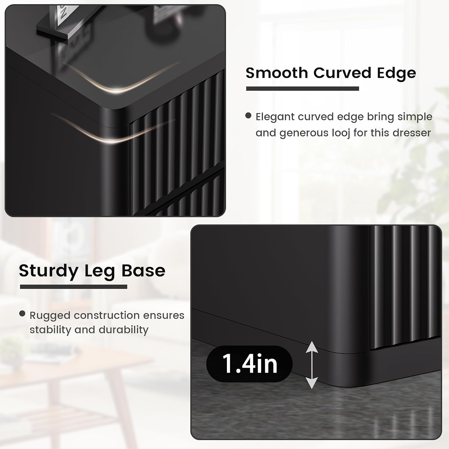Standifurno Black Dresser for Bedroom, 8 Drawers Double Fluted Dressers, Modern Chest of Drawers with Curved Profile, Handleless, Storage Closet Dressers for Bedroom, Living Room, Entryways