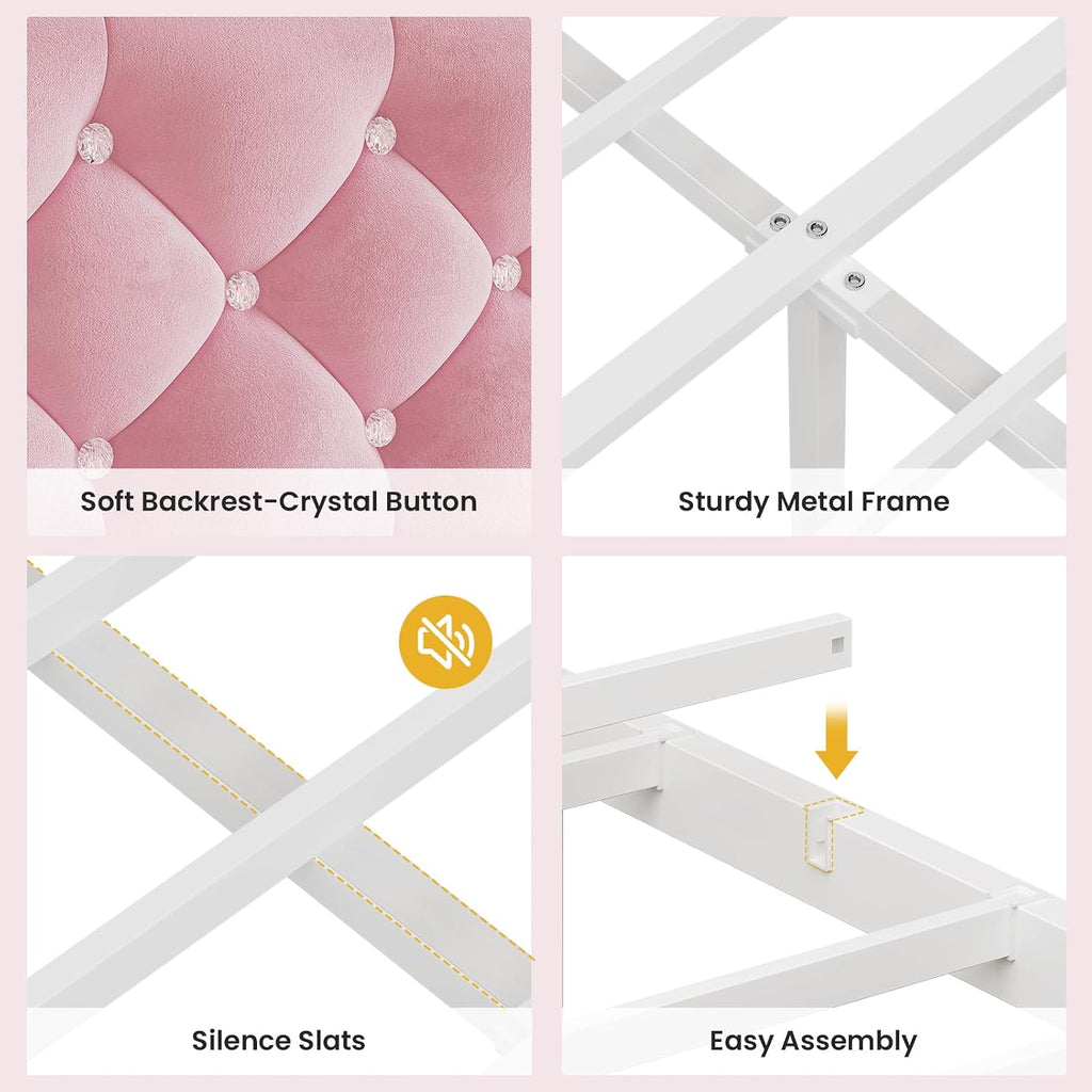 BTHFST Full Szie Girls Bed with LED Lights & Charging Station, Princess Full Size Bed Frame with Hidden Storage Headborad, Sturdy Platform Bed, No Box Spring Needed/Noise-Free/Easy Assembly, Pink