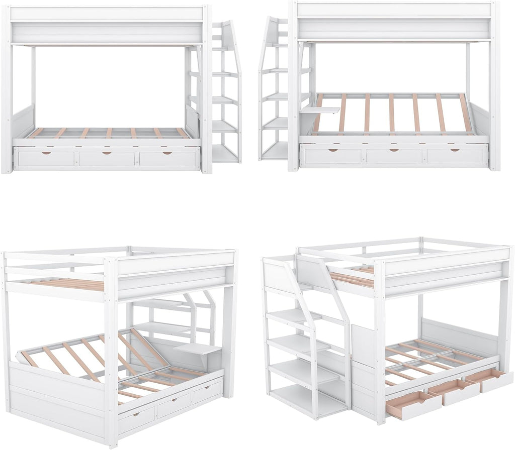 Harper & Bright Designs Full Over Full Bunk Bed with Storage Staircase and Bedside Table for 2, Wood Bunk Bed Frame with Drawers for Saving Space, White
