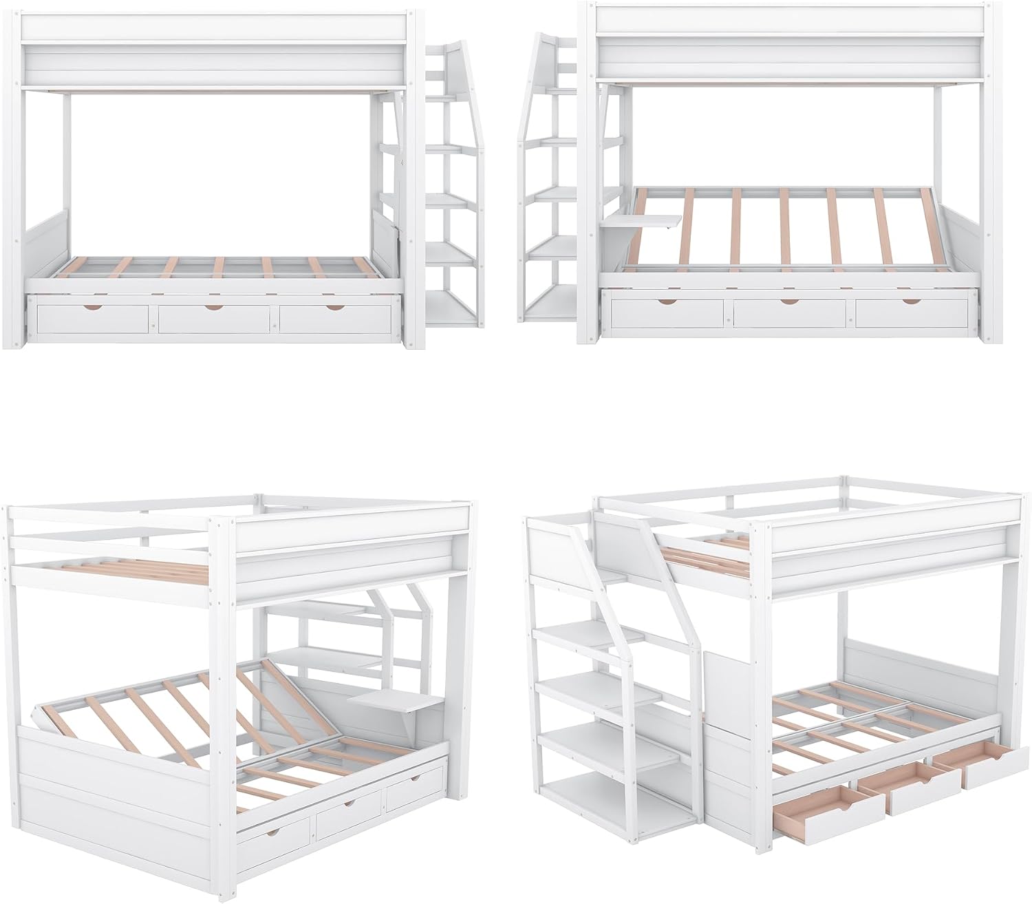 Harper & Bright Designs Full Over Full Bunk Bed with Storage Staircase and Bedside Table for 2, Wood Bunk Bed Frame with Drawers for Saving Space, White