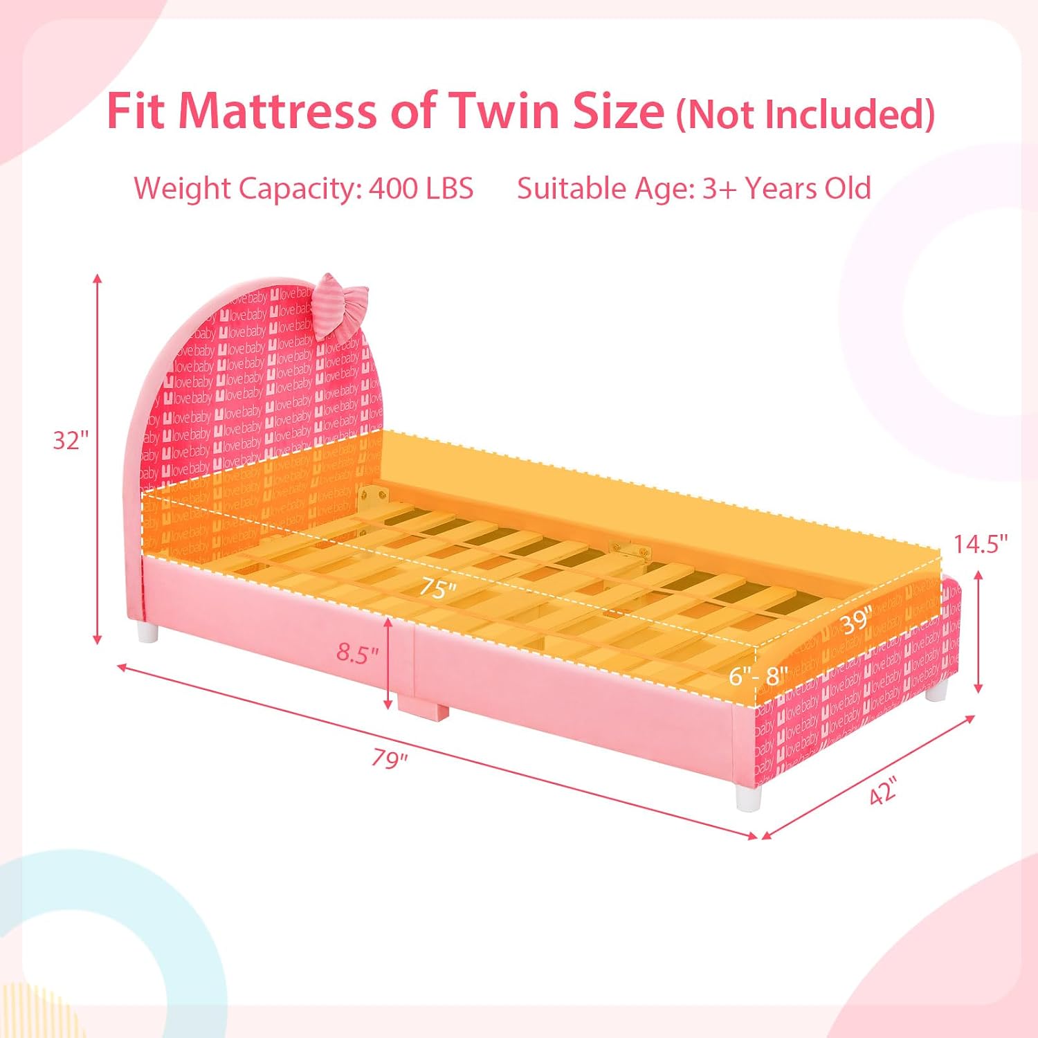 Costzon Twin Bed Frames for Kids, Wood Upholstered Twin Bed Platform with Slat Support, Padded Headboard&Footboard, No Box Spring Needed, Easy Assembly, Fits Standard Twin Mattress (Bow Tie)