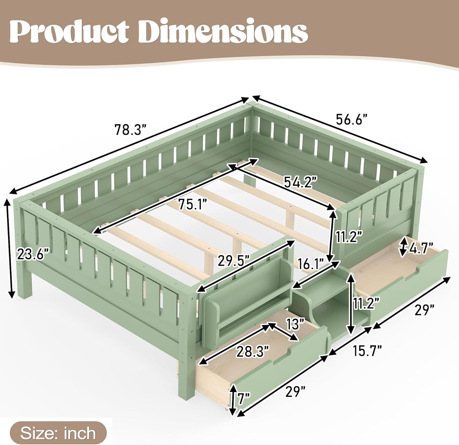 Bellemave Full Size Montessori Bed with Stairs, Rails and Slats, Full Size Montessori Floor Bed with Bookshelf and 2 Storage Drawers, Easy Assemble Beds Frame for Girls, Boys, Avocado Green
