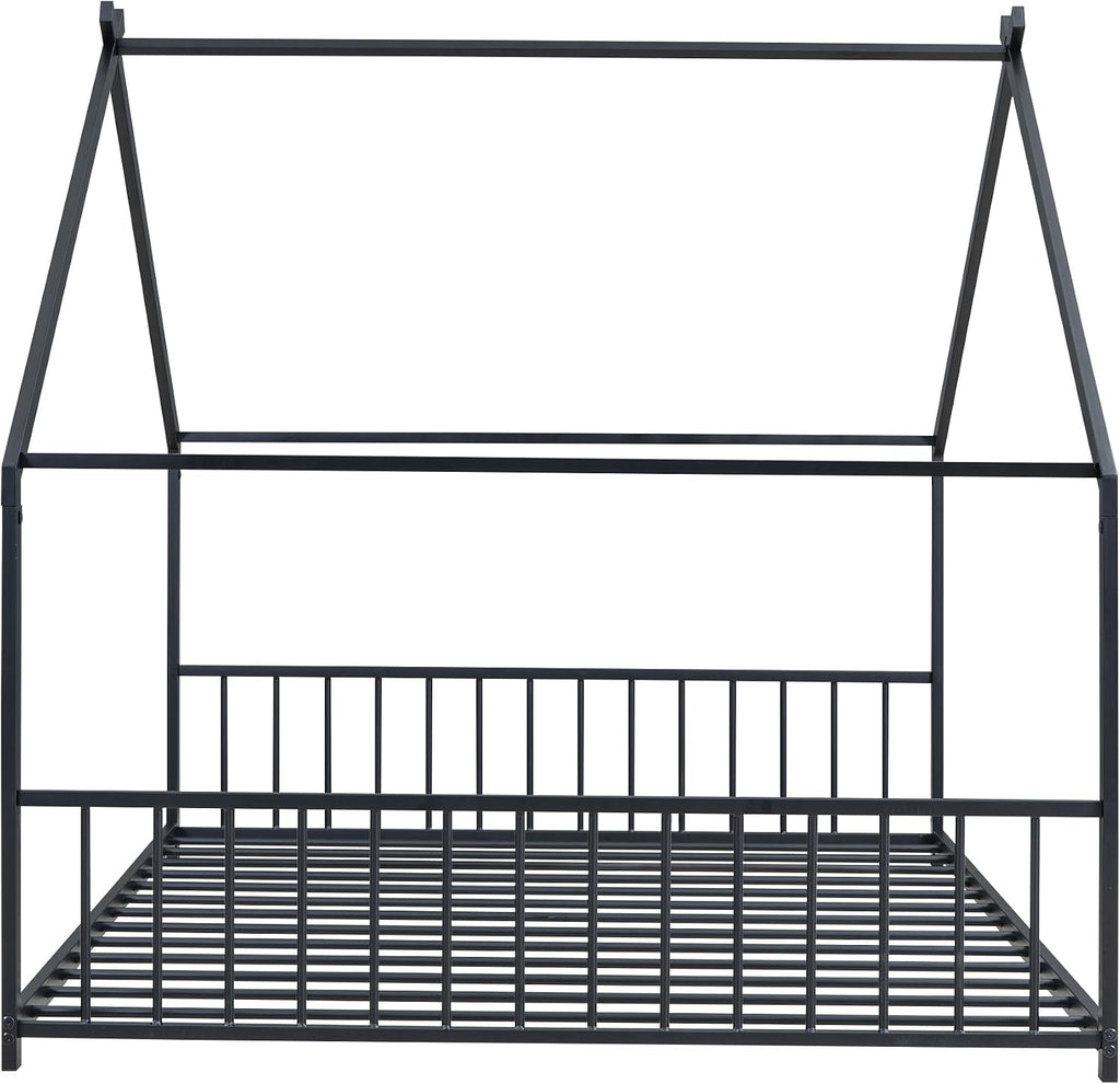Bellemave Full Floor BedFrame with Slats for Kids, Metal Montessori Floor Beds, Full House Bed for Kids, Black with roof