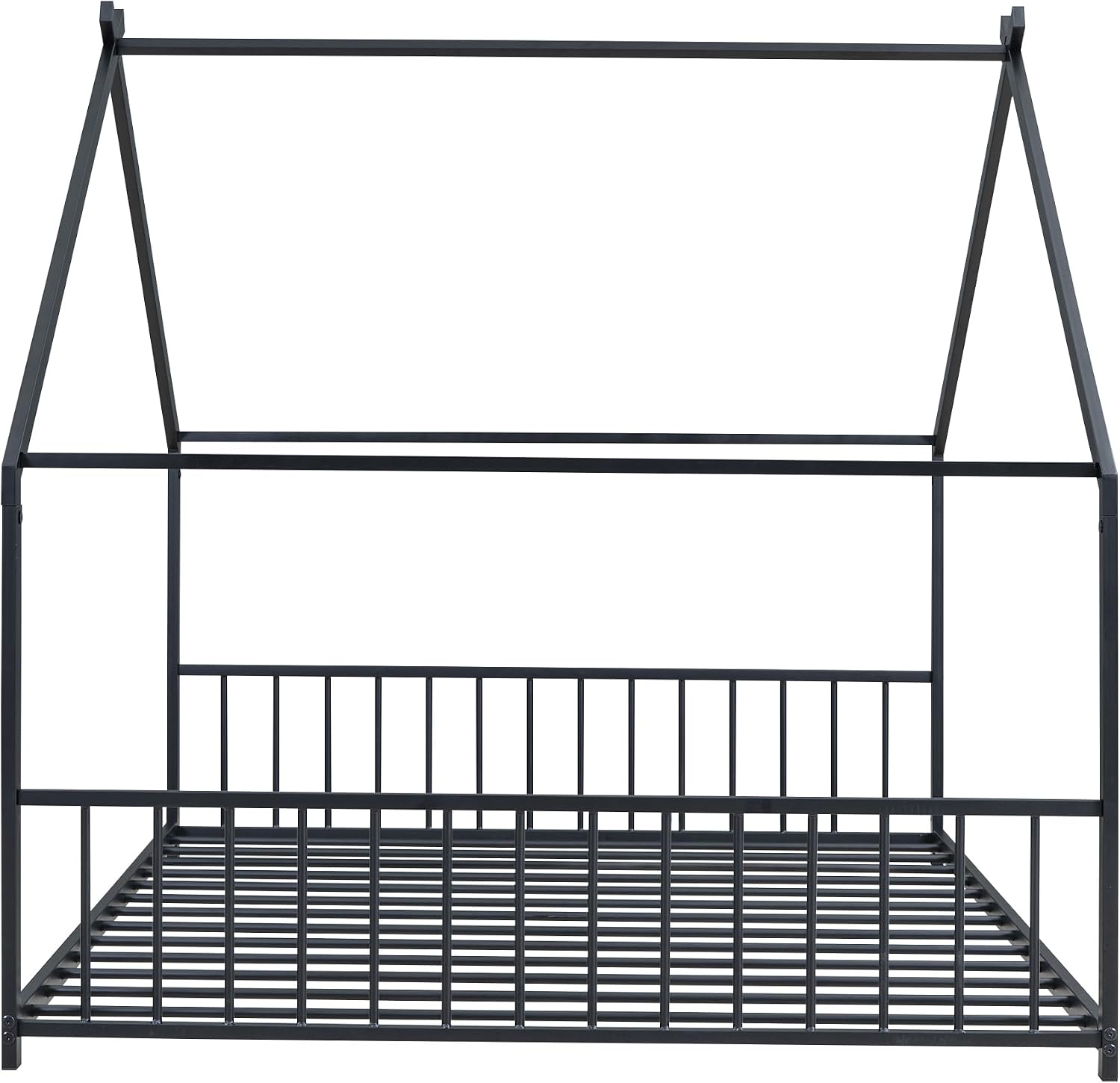 Bellemave Full Floor BedFrame with Slats for Kids, Metal Montessori Floor Beds, Full House Bed for Kids, Black with roof