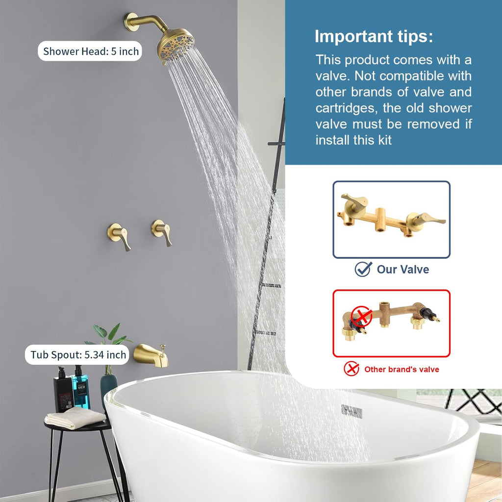 2 Handles Shower Faucet Set with Tub Spout Bathtub Shower Faucet Combo Set Shower System Complete Tub and Shower Trim Kit Wall Mounted Shower Fixtures Brushed Gold