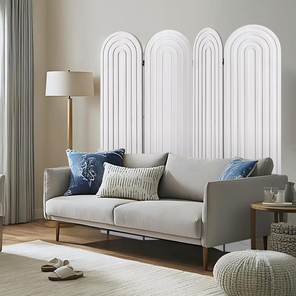 4 Panel Room Divider and Folding Privacy Screen, Foldable Wood Arched Room Divider Wall, Portable Partition Screen, Room Partition Divider for Room Separation for Home Office Bedroom, White