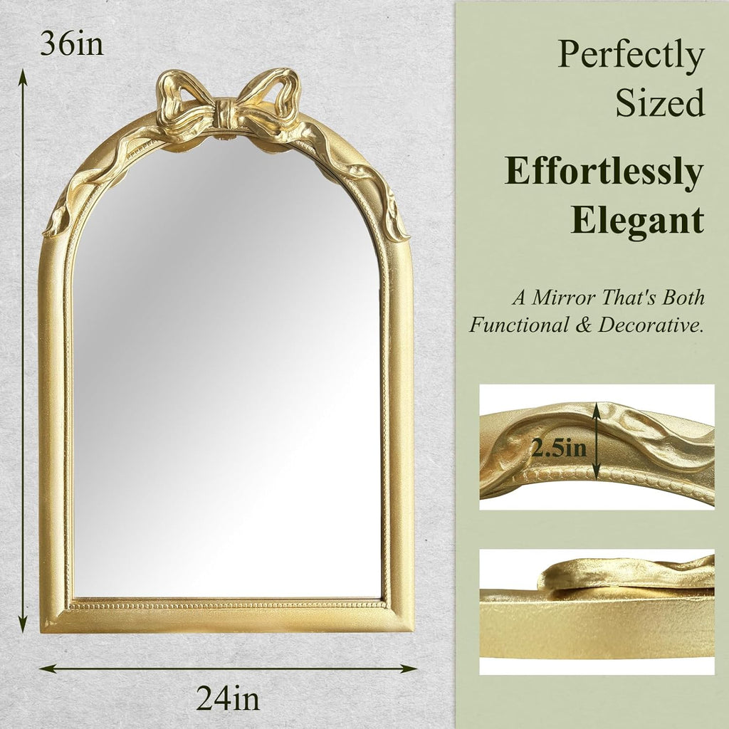 36x24 Arched Gold Bow Wall Mirror, Vintage Vanity Mirror for Bathroom & Bedroom Decor, Antique French Style Engineered Wood Frame with Ribbon Knot, Cute Coquette Aesthetic